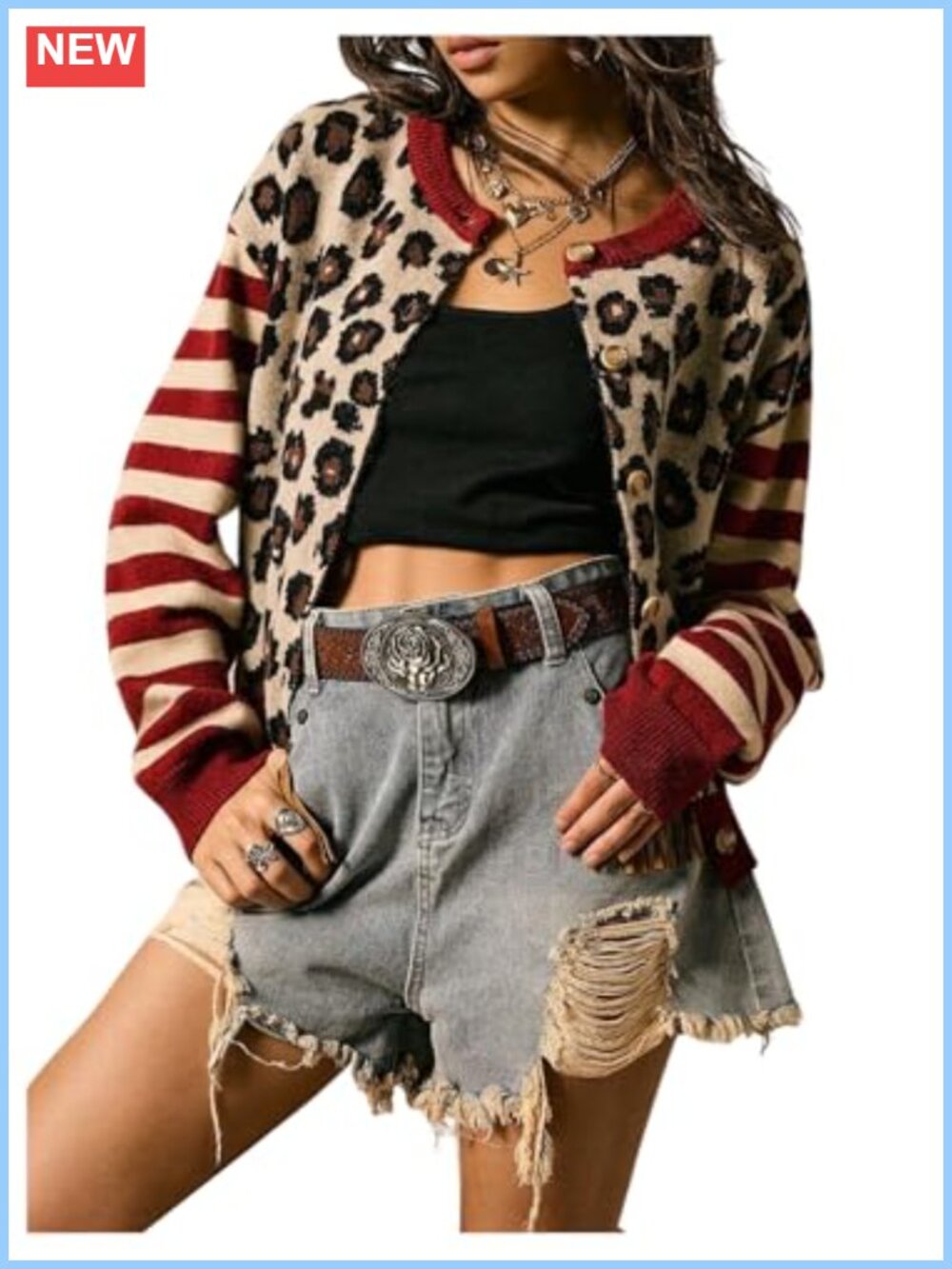 SOLY HUX Women's Leopard Print Button Front Cardigan Sweater Y2k Knit